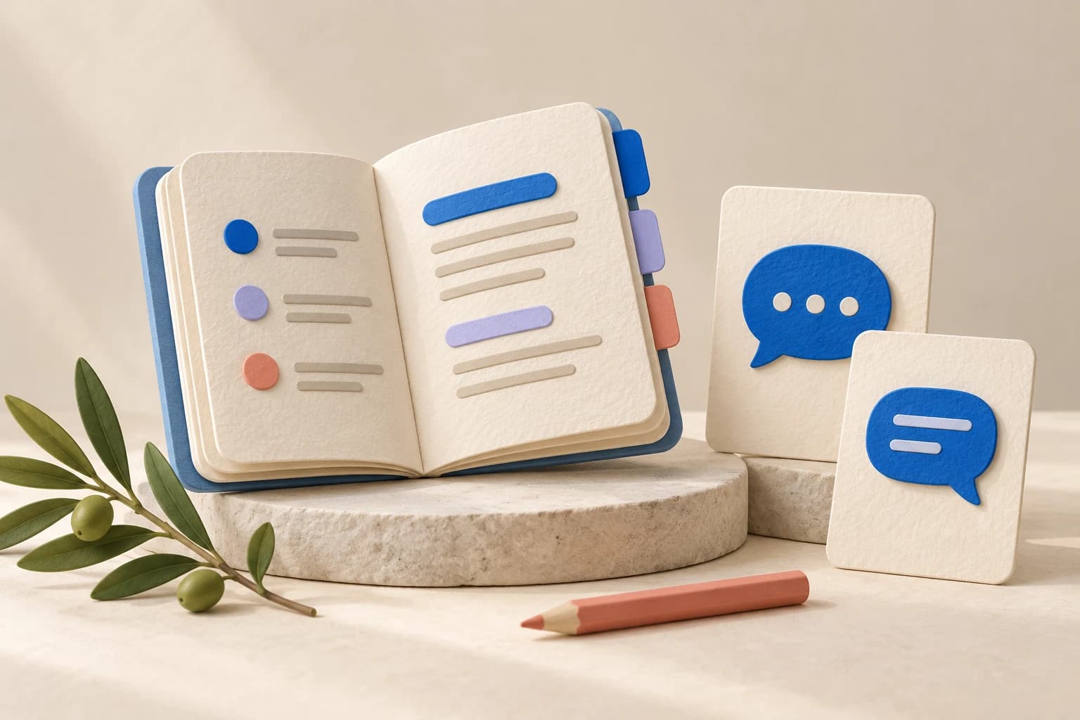 A paper reference notebook and blue conversation cards